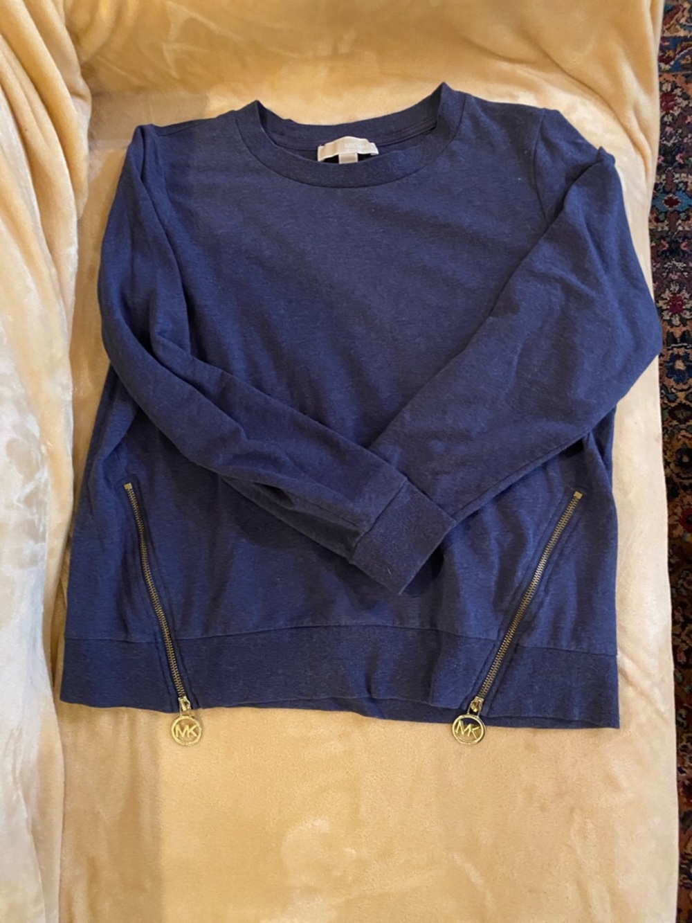 Michael Kors Navy Crewneck Sweatshirt with Gold Zipper Accents